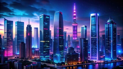 Vibrant neon lights cast a futuristic glow on a dark cityscape, outlining a sleek skyscraper's silhouette against a velvety black night sky.