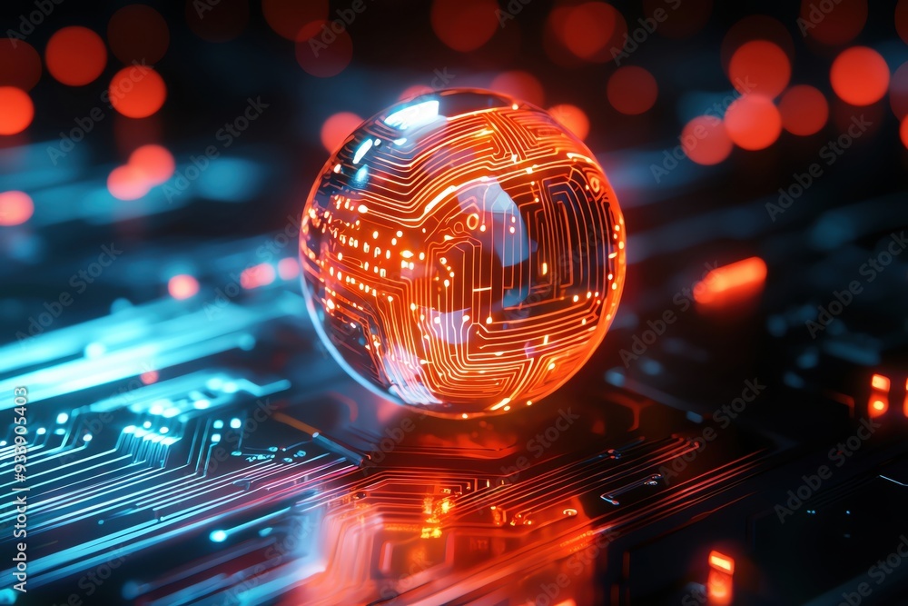 Aufkleber a glowing orb with intricate circuitry patterns, symbolizing technology and innovation against a dar