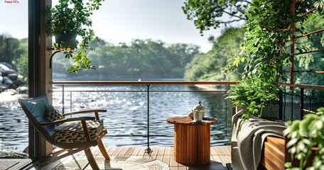 Fototapeta premium The riverfront patio offers cozy seating, greenery, and a calming outdoor space for relaxation and enjoying nature