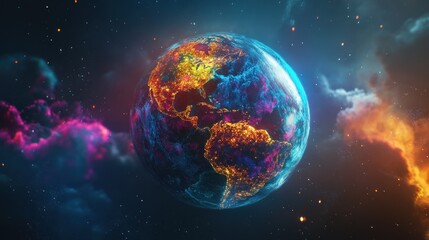 Obraz premium Earth Illuminated with City Lights and Nebulae in Space