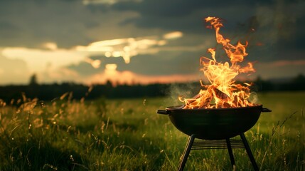 A barbecue grill with flames in a green field