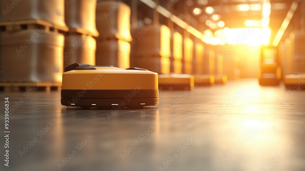Poster a robotic pallet mover navigates a warehouse at sunset, showcasing automation and efficiency in logi