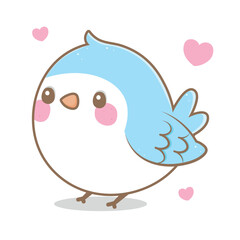Happy Singing Little blue Bird Drawing in Kawaii Style