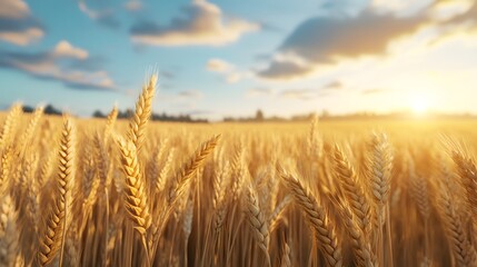 Naklejka premium A field of golden wheat with a bright sun in the background