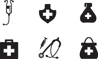 A minimalist vector icon set including a stethoscope, medical bag, hospital, and syringe