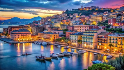 Naklejka premium Vibrant night scene in Naples, Italy, with colorful buildings, bustling streets, and twinkling lights reflecting off the calm waters of the Bay of Naples.