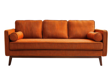 Fototapeta premium Modern Orange Sofa with Cushions and Bolsters on MidCentury Wooden Legs