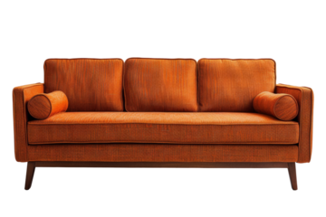 Modern Orange Sofa with Cushions and Bolsters on MidCentury Wooden Legs