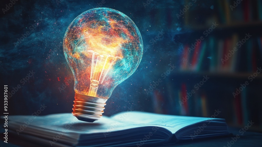 Poster a glowing light bulb hovering above an open book