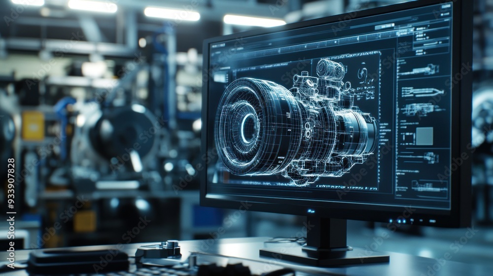 Poster Computer Screen Displaying a 3D Wireframe Model of an Industrial Machine Part