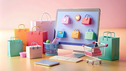 Vibrant online marketplace scene featuring various product categories and shopping bags, surrounded by social media icons and trendy browsing devices on a pastel background.