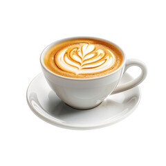 Highly realistic advertising photo of a cup of cappuccino coffee with creamy milk and latte art isolated on transparent background