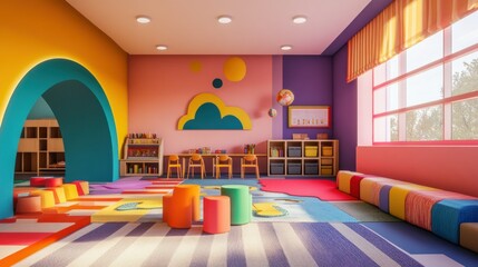 Colorful Playroom with Geometric Shapes and a Large Window