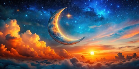 Fototapeta premium Vibrant orange and blue hues illuminate the Ramadan night sky, featuring a majestic crescent moon, stars, and galaxy clouds, symbolizing hope and spirituality.