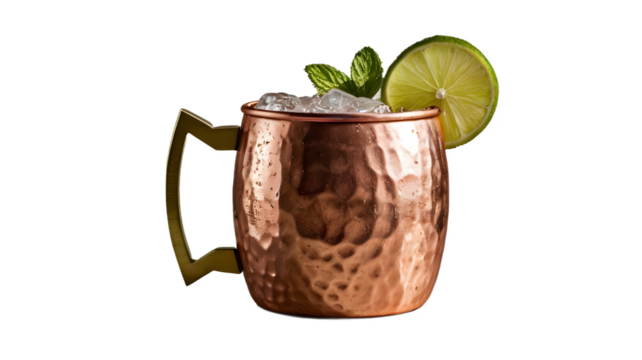 Moscow mule cocktail alcohol drink in a copper cup isolated on transparent white background