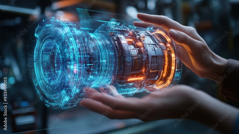Poster Hands Interacting with a Holographic 3D Model of a Machine Part