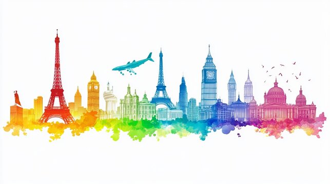 A world skyline featuring famous buildings and monuments, serving as a backdrop for travel and tourism themes.