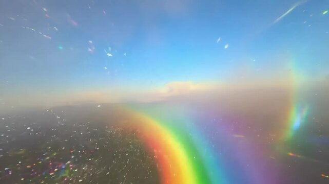 Drone view of a vibrant rainbow surrounding a foggy sky, a magical and atmospheric scene.