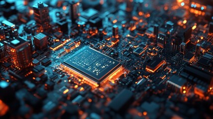 Obraz premium Close-up of a computer motherboard with glowing components