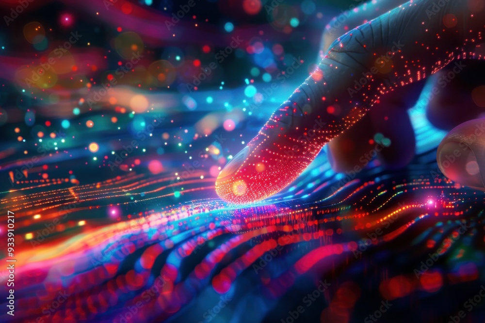 Poster finger touching a digital data wave with colorful lights and vibrant patterns in a futuristic settin