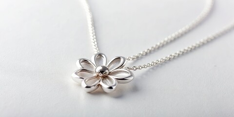 Delicate silver necklace adorned with a small bloom lies against a crisp white background, showcasing elegant simplicity perfect for e-commerce and social media showcases.