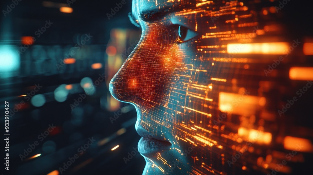 Poster digital human face with glowing lines and bokeh background