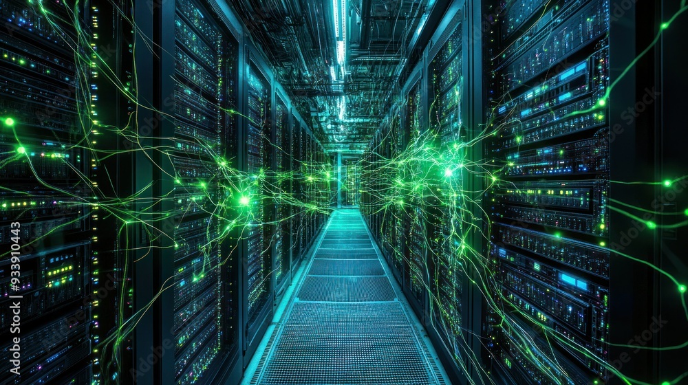 Poster server room with green luminous lines illustrating network connections