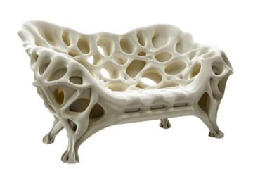 Futuristic, organic-shaped white chair with a skeletal, honeycomb-like structure. The design is avant-garde and artistic, combining modern aesthetics with an unconventional form that resembles natural