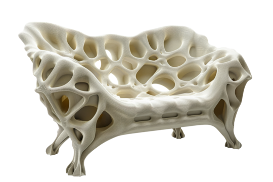 Futuristic, organic-shaped white chair with a skeletal, honeycomb-like structure. The design is avant-garde and artistic, combining modern aesthetics with an unconventional form that resembles natural