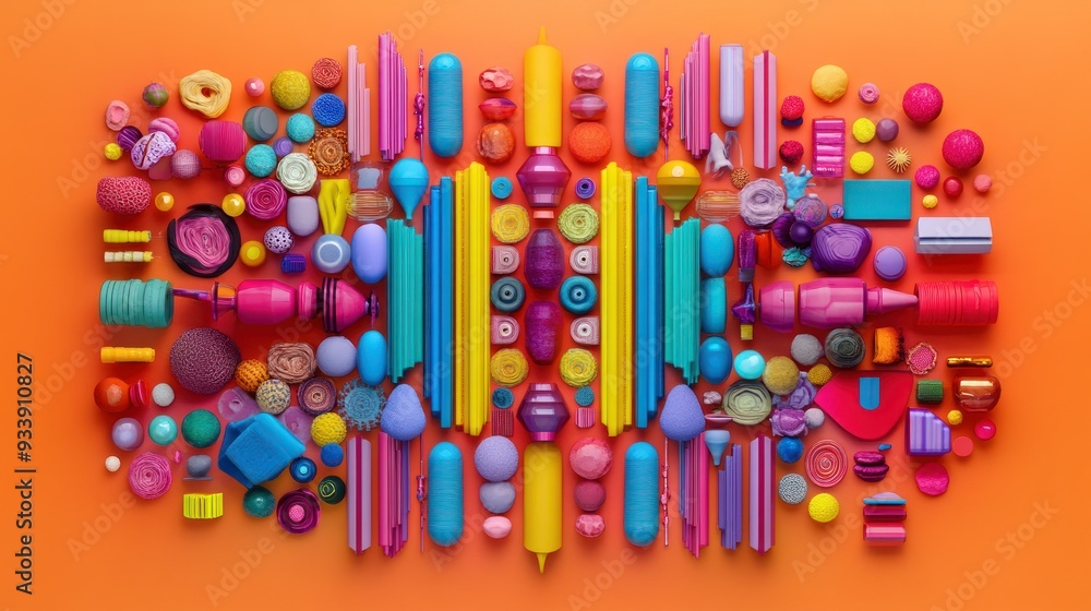 Poster symmetrical arrangement of colorful 3d shapes on orange background