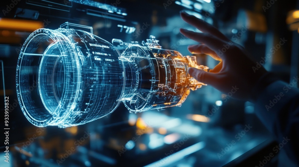 Poster hand interacting with a holographic 3d model of a camera lens