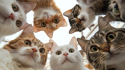 Cats of different breeds gathered in a circle, unity and diversity, World Cat Day celebration
