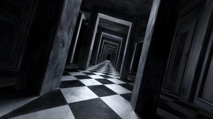 Fototapeta premium Eerie Checkered Hallway Leading to the Unknown