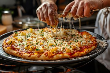 Delicious Pizza Preparation with Melting Cheese and Fresh Toppings
