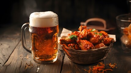 Frosty Beer Mug Beside Basket of Spicy Chicken Wings on Rustic Wooden Table