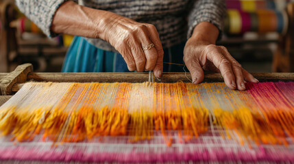 Obraz premium Close-up of an elderly woman's hands weaving a colorful textile on a loom, showcasing traditional craftsmanship and cultural heritage. Perfect for themes of handcraft, tradition