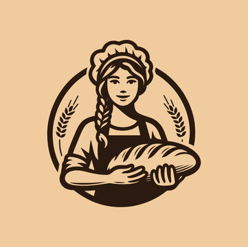 Bakery emblem, logo, icon. Woman baker with bread. Vector vintage retro illustration in brown tones