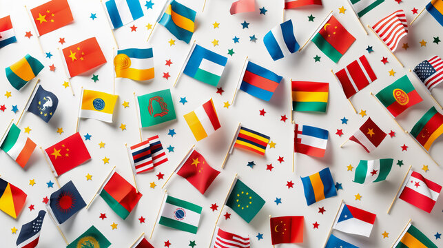 A vibrant assortment of miniature international flags arranged on a white background, representing global diversity and unity. Ideal for themes like multiculturalism, global events