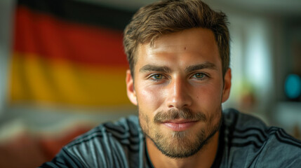 Fototapeta premium A man with short brown hair and a light beard smiles confidently, with a German flag in the background, representing national pride. Ideal for themes like patriotism, Germany, and positivity.