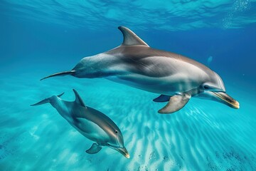 Fototapeta premium Dolphins swimming gracefully underwater, their sleek bodies gliding through the clear blue ocean. The sunlight filtering through the water enhances the beauty of this aquatic scene.