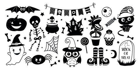 Set of black and white Halloween vector drawings isolated on white background. For coloring pages, prints, decoration of postcards and stickers, posters,  sublimation.