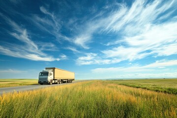 Fototapeta premium Truck driving on country road against blue sky with generative ai