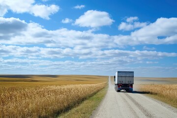 Obraz premium Truck driving on country road against blue sky with generative ai