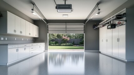 A neat, spacious garage with white cabinets, a grey floor, and an open door leading to a lush green backyard.