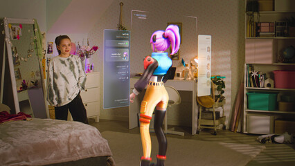 Teen girl talks to virtual reality hologram in metaverse AI chat, shows gymnastics skills in...