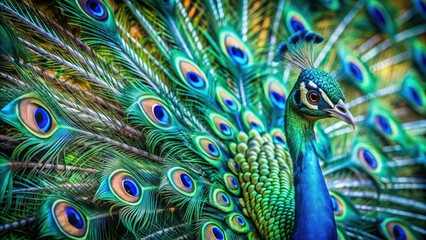 Obraz premium Vibrant peacock feathers unfold like a majestic fan, showcasing iridescent blues and greens, with intricate eye-like patterns and delicate wispy edges, against a soft focus background.