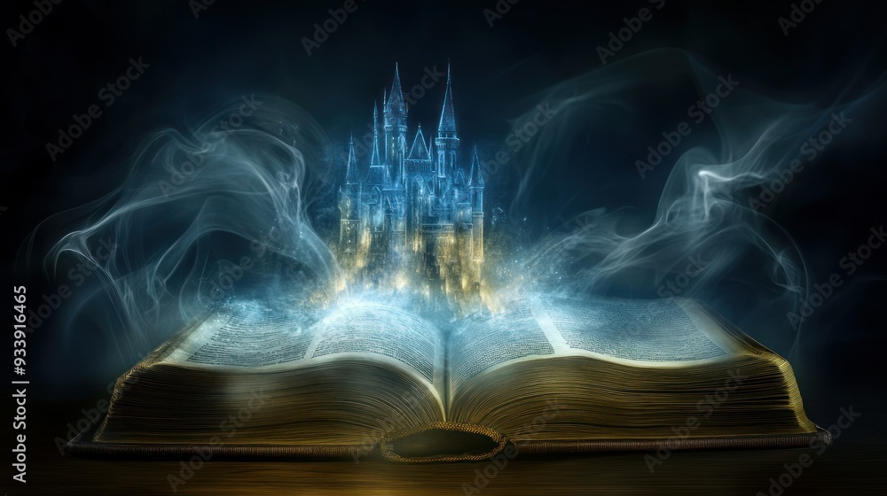 Aufkleber A Glowing Castle Emerging from an Open Book Surrounded by Smoke