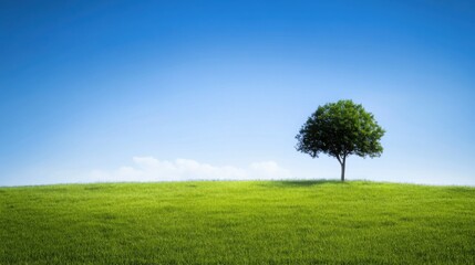 Obraz premium A solitary tree stands on a grassy hill under a clear blue sky with a few distant clouds.