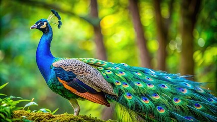 Obraz premium Vibrant peafowl spreads stunning iridescent plumage, showcasing emerald-green neck feathers and eye-catching turquoise train, set against a soft, lush green forest background.