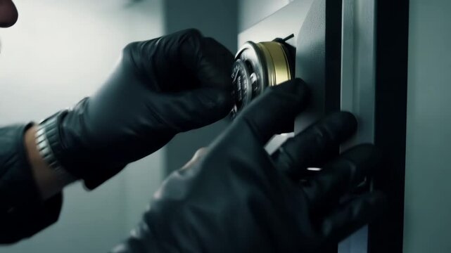 Close up of thief in black gloves picking lock on safe with money. Person wants to steal money, jewelry, important documents. Crime, illegal out law. Theft in house of rich people. Bank hack.
